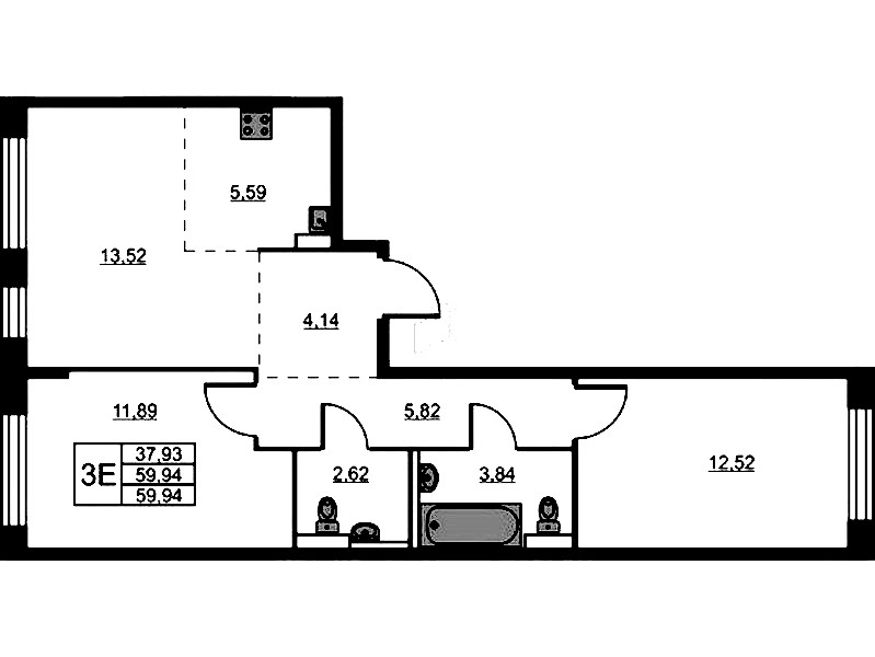 2-комнатная квартира 59.94 м², 17/24 эт., ЖК «Живи! В Рыбацком»